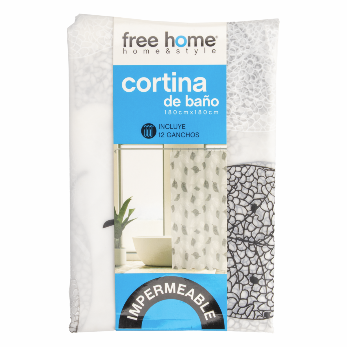 Cortina De Baño Hojas Gris Negro Blanco FREE HOME 180X180 CM - Imagen 2