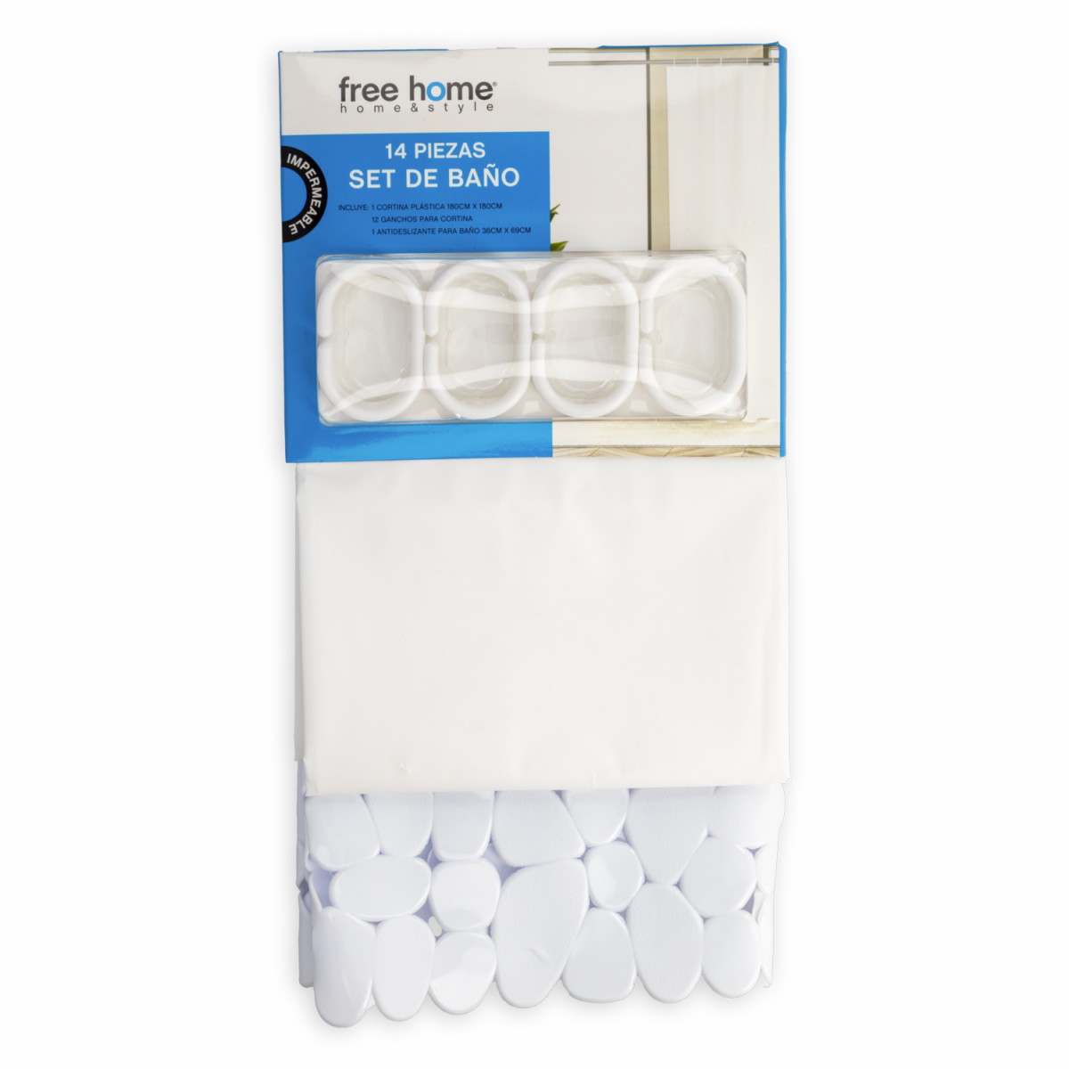Set De Baño Cortina+Antideslizante Blanco FREE HOME 2 Piezas - Imagen 2